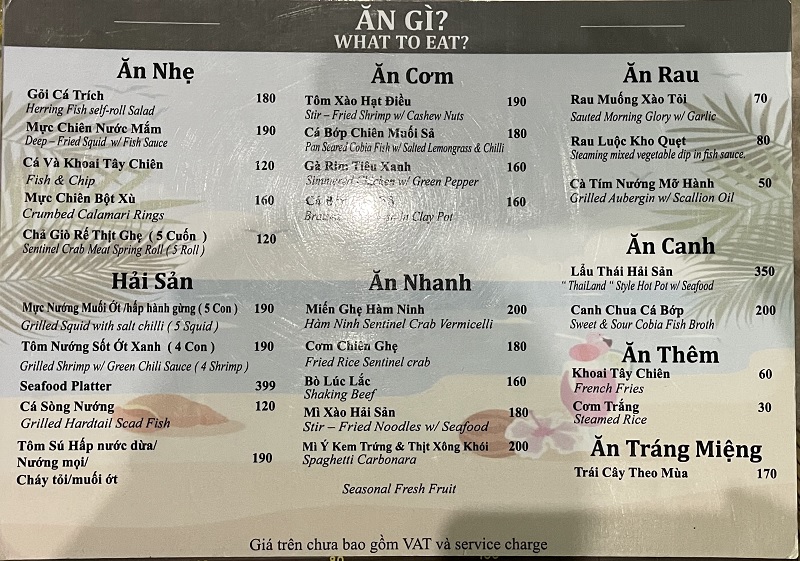 Menu nhà hàng hải sản Shri Phú Quốc.