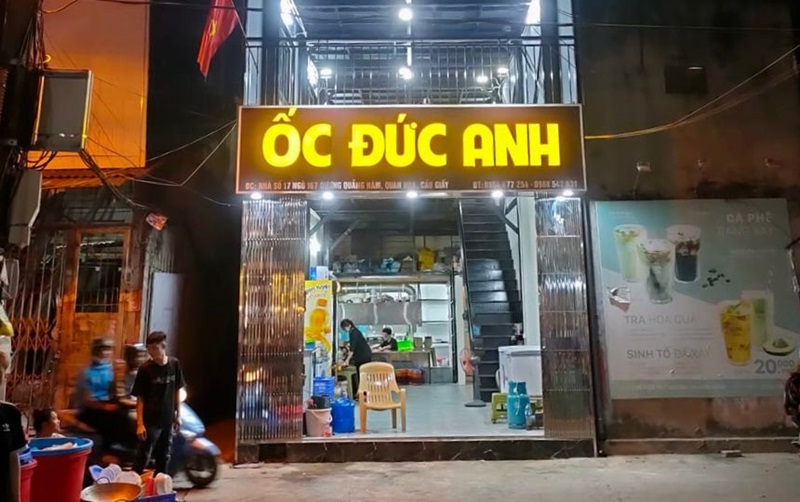 Địa chỉ quán ốc Đức Anh tại: 17 Ngõ 167 đường Dương Quảng Hàm, phường Quan Hoa, quận Cầu Giấy, TP Hà Nội.