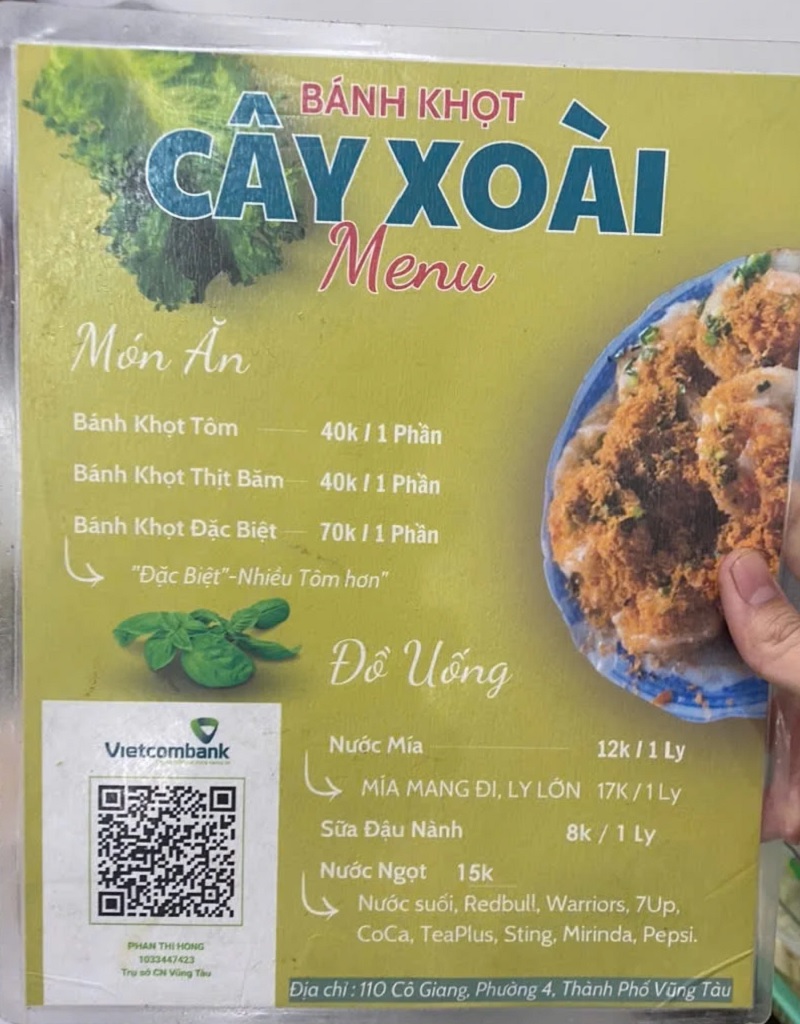 Menu quán bánh khọt Cây Xoài.